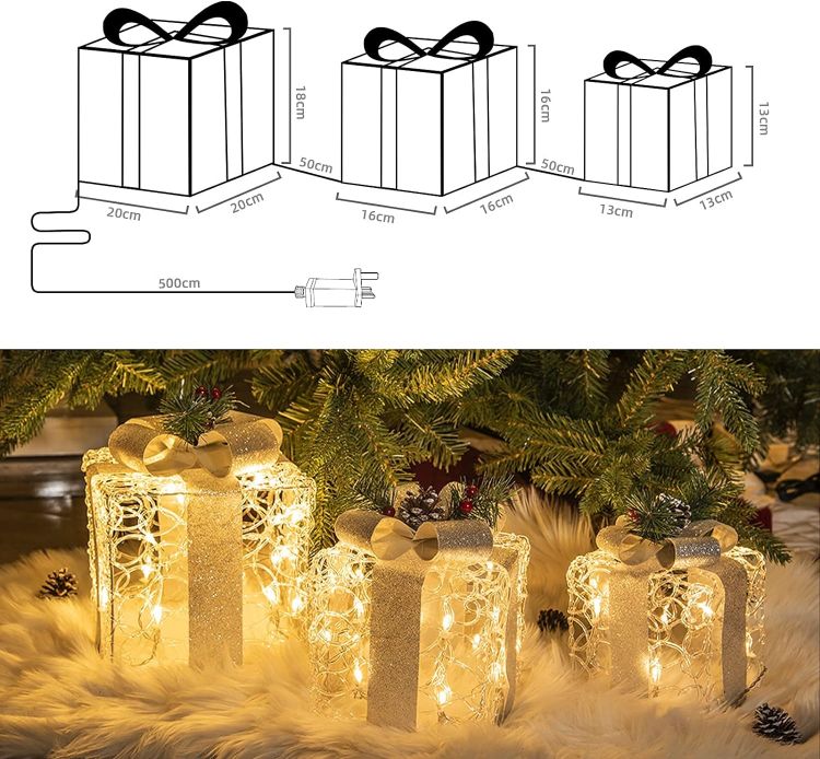 Picture of 3PK Light up Present Boxes Silver Gift Boxes with Warm White Lights Plug in for Christmas Decorations Home and Outdoor Décor