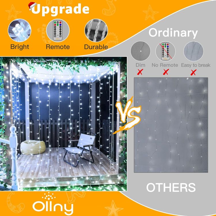 Picture of Christmas Curtain Lights Indoor - 300LED 3x3m Xmas Window Hanging Lights Mains Powered Plug in, Waterfall Fairy String Lights Waterproof with 8 Modes/Remote for Bedroom/Wall/Outdoor Decorations