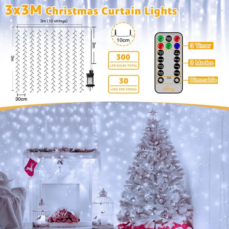 Picture of Christmas Curtain Lights Indoor - 300LED 3x3m Xmas Window Hanging Lights Mains Powered Plug in, Waterfall Fairy String Lights Waterproof with 8 Modes/Remote for Bedroom/Wall/Outdoor Decorations