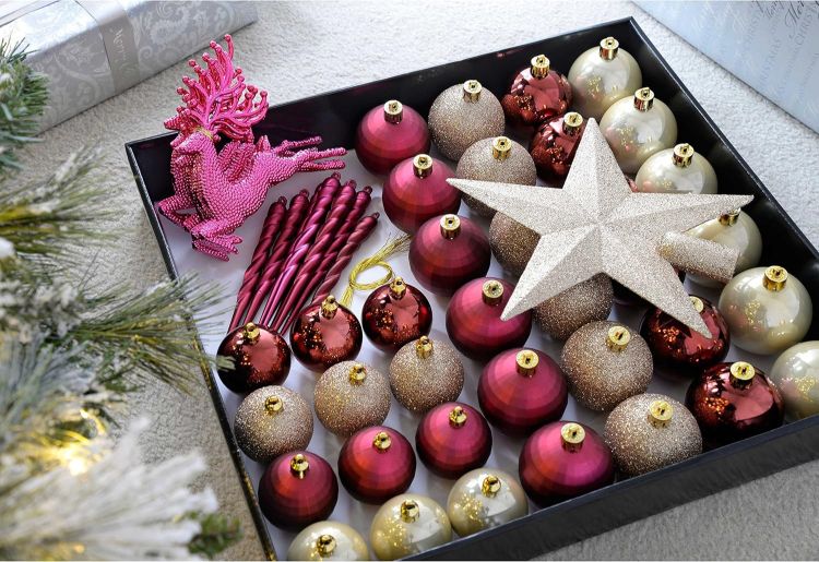 Picture of Shatterproof Luxury Christmas Tree Baubles - 50-Piece, Gold/Berry/Aubergine