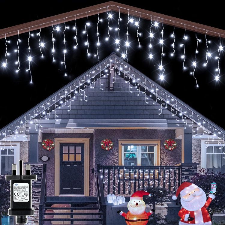 Picture of Icicle Christmas Lights Outdoor, 216 LEDs 7.5m Waterproof Outdoor Fairy Lights Mains Powered, Hanging Christmas String Lights Plug in Cool White for Gutter House Roof Indoor Xmas Decorations