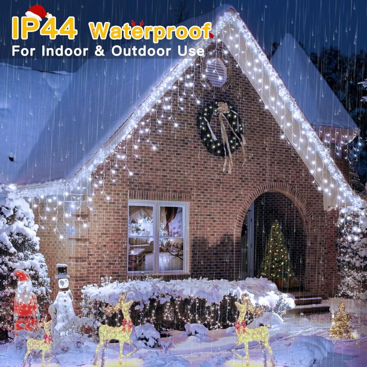 Picture of Icicle Christmas Lights Outdoor, 216 LEDs 7.5m Waterproof Outdoor Fairy Lights Mains Powered, Hanging Christmas String Lights Plug in Cool White for Gutter House Roof Indoor Xmas Decorations