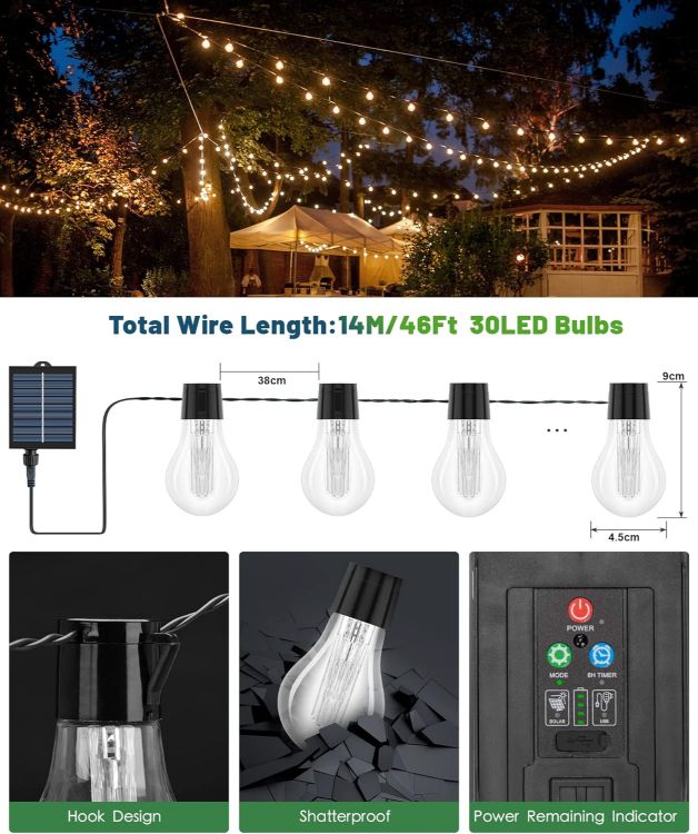 Picture of Solar Festoon Lights Outdoor,14M/46FT USB & Solar String Lights with Remote, 30LED Shatterproof Bulbs, IP65 Waterproof