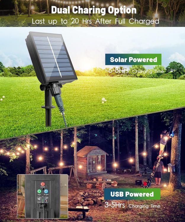 Picture of Solar Festoon Lights Outdoor,14M/46FT USB & Solar String Lights with Remote, 30LED Shatterproof Bulbs, IP65 Waterproof