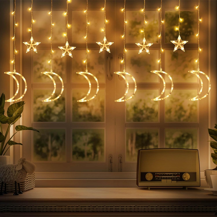 Picture of 138 LED Star Moon Curtain String Lights for Ramadan Decorations, USB Powered Eid Mubarak Fairy Lights for Indoor, Wedding, Party, Bedroom, Patio Lawn, Ramadan Home Decorations (8 Modes)