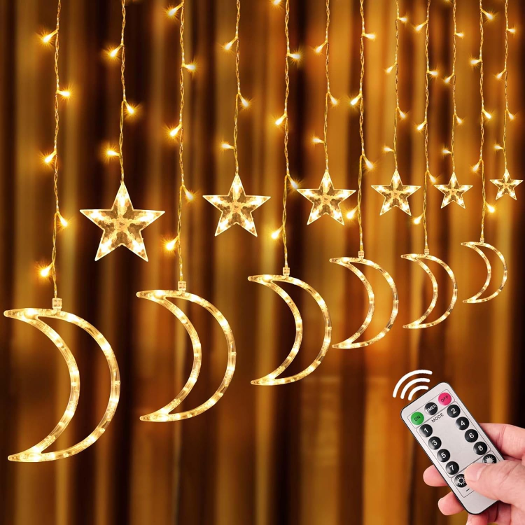 Picture of 138 LED Star Moon Curtain String Lights for Ramadan Decorations, USB Powered Eid Mubarak Fairy Lights for Indoor, Wedding, Party, Bedroom, Patio Lawn, Ramadan Home Decorations (8 Modes)