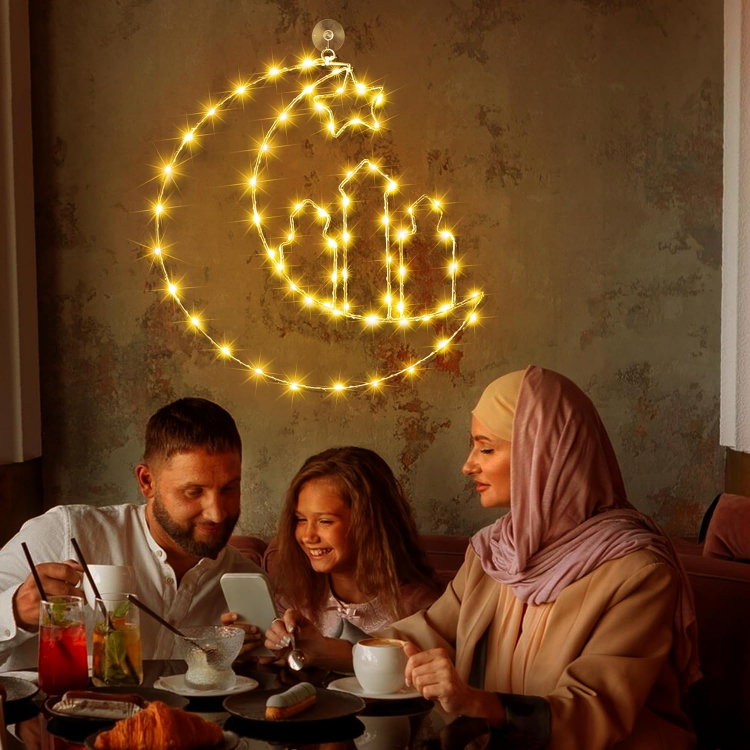 Picture of Ramadan Decorations, 58 LEDs Ramadan Lights Decorations, 8 Modes Eid Decorations Window Lights, Eid Mubarak Decorations Curtain Lights Islamic Wall Decor Hanging Lamp with Remote Control Timer