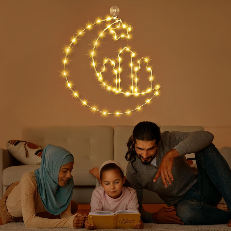 Picture of Ramadan Decorations, 58 LEDs Ramadan Lights Decorations, 8 Modes Eid Decorations Window Lights, Eid Mubarak Decorations Curtain Lights Islamic Wall Decor Hanging Lamp with Remote Control Timer