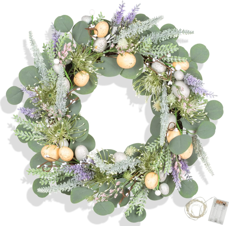 Picture of 5cm Easter Wreath with LED Lights and Timer Easter Egg Decoration for Spring Door Window Mantle Table Decor (NOT Pre-Strung Lights)