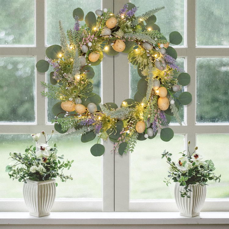 Picture of 5cm Easter Wreath with LED Lights and Timer Easter Egg Decoration for Spring Door Window Mantle Table Decor (NOT Pre-Strung Lights)