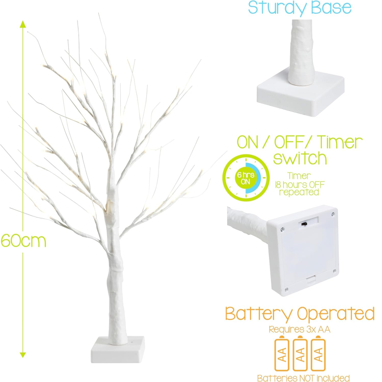 Picture of Easter Tree With Lights - 60cm/2ft White Table Top Easter Twig Tree - Pre-Lit with 24 Warm White LED Lights Battery Operated with Timer Function - Decorations Included