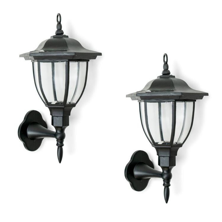 Picture of 2x Black Traditional Lantern Solar Wall Lights Outdoor Garden Fence Lighting