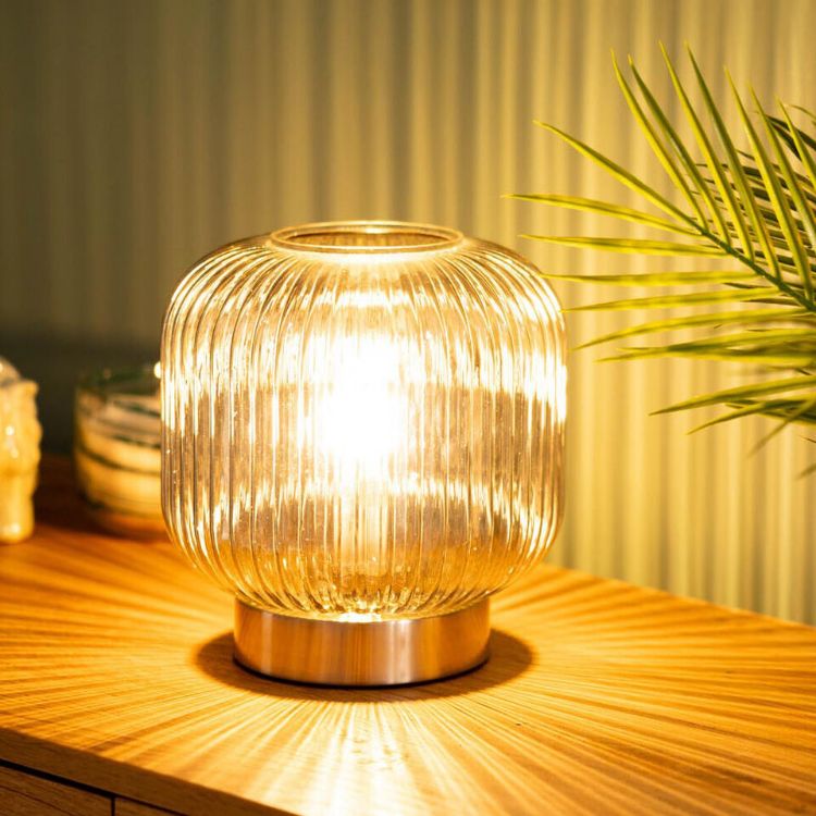 Picture of Battery Operated Table Lamp Base Ribbed Glass Living Room Bedroom Bedside Light