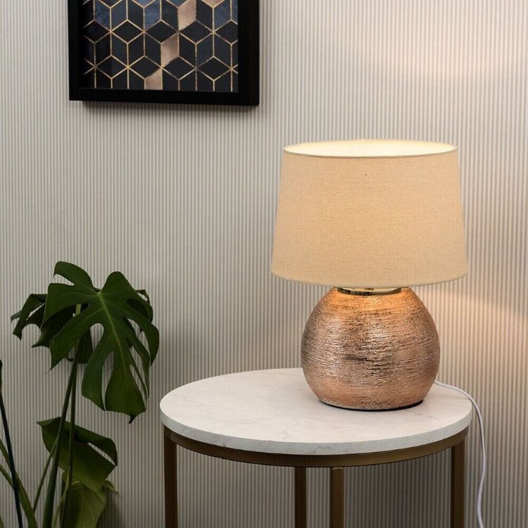 Picture of Table Lamp Copper Ceramic Base Bedside Living Room Light Cotton Shade LED Bulb