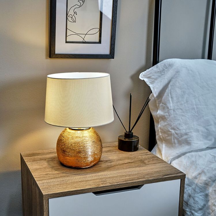 Picture of Table Lamp Copper Ceramic Base Bedside Living Room Light Cotton Shade LED Bulb