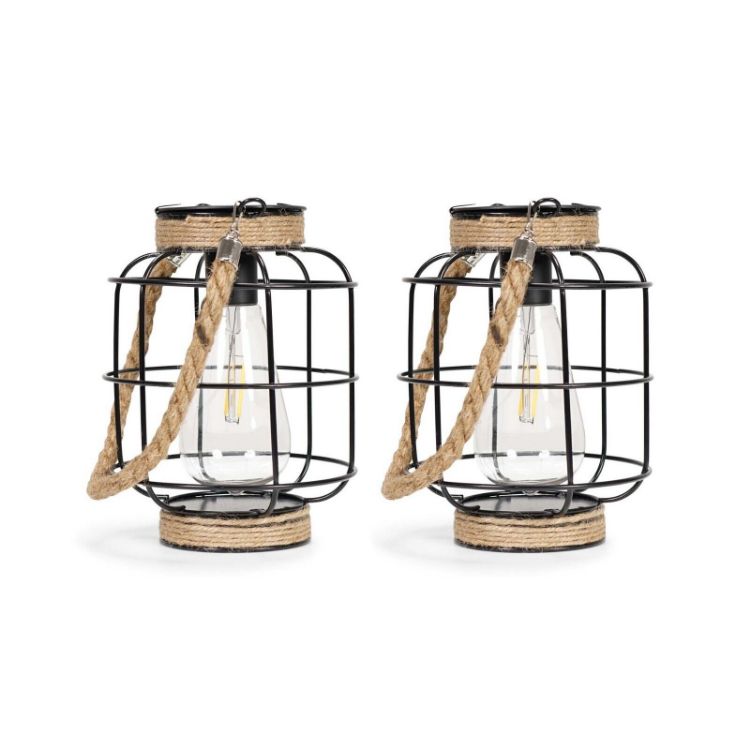Picture of 2x Solar Powered Outdoor Lights Hanging Lanterns Rope Handle Garden Décor Light