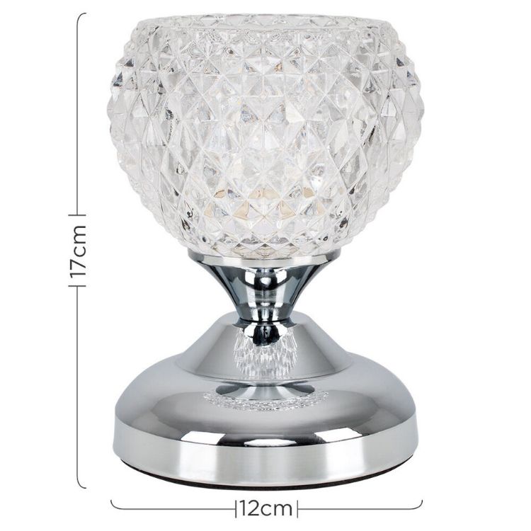 Picture of Bedside Touch Table Lamp Chrome 17CM Tall Light Diamond Glass Shade LED Bulb