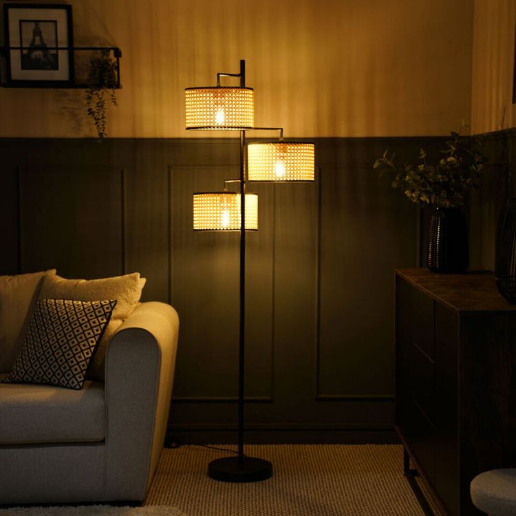 Picture of Matt Black Floor Lamp Industrial 3 Way Light Natural Cane Lampshade LED Bulb