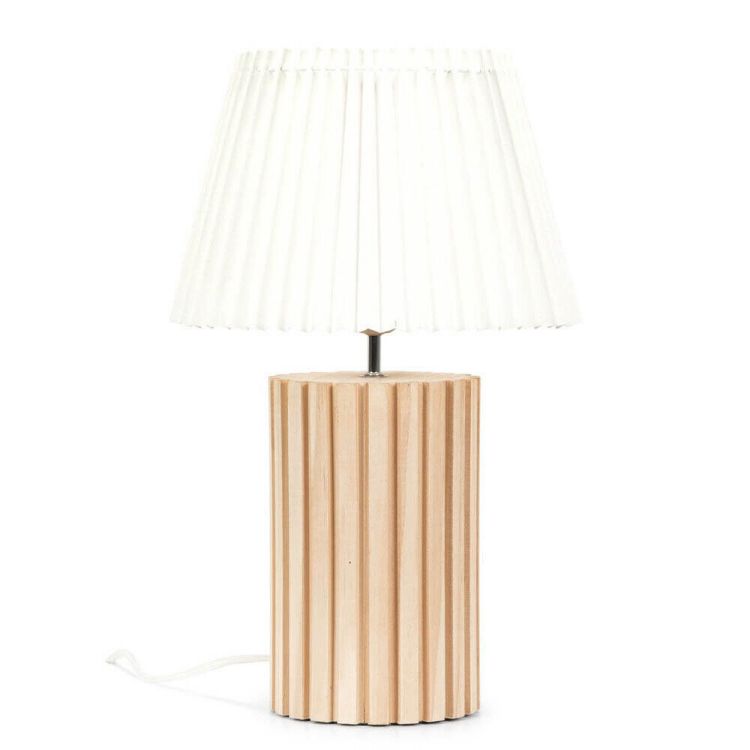 Picture of Wooden Table Lamp Base White Pleated Lampshade Shade Natural Living Room Light