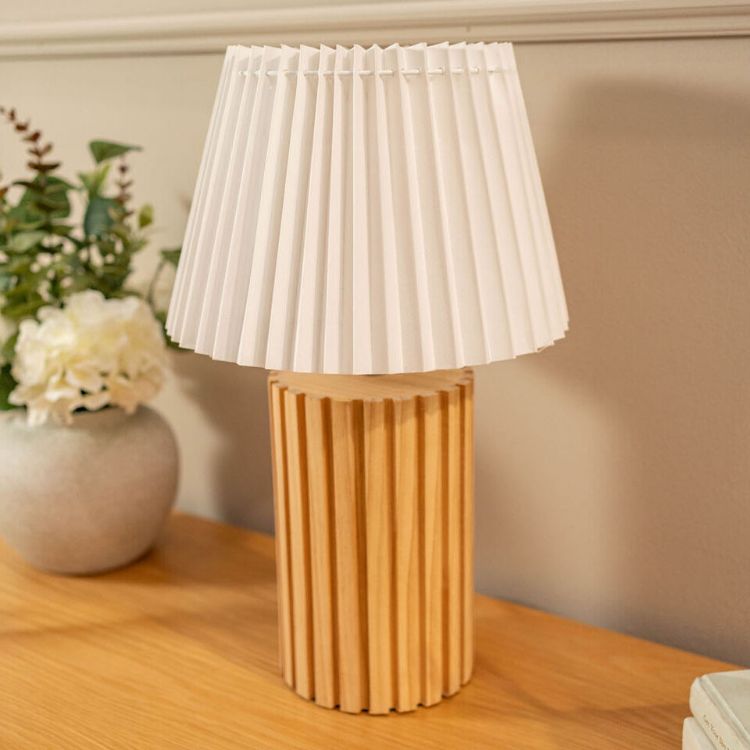 Picture of Wooden Table Lamp Base White Pleated Lampshade Shade Natural Living Room Light