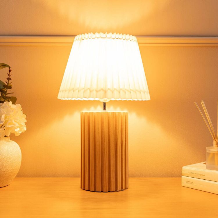 Picture of Wooden Table Lamp Base White Pleated Lampshade Shade Natural Living Room Light