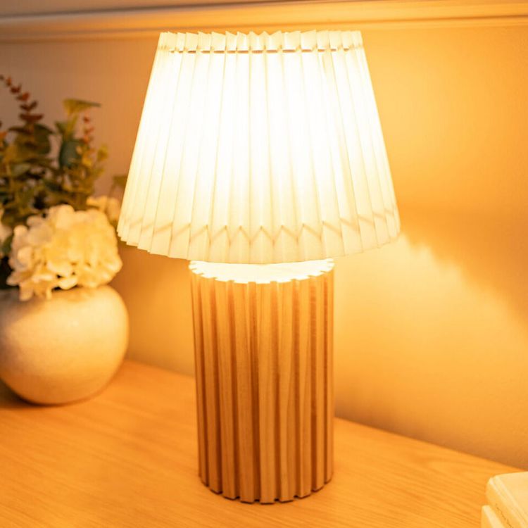 Picture of Wooden Table Lamp Base White Pleated Lampshade Shade Natural Living Room Light