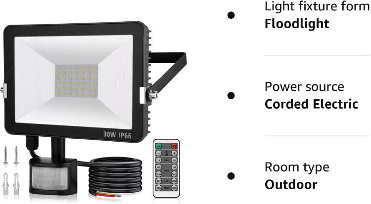 Picture of 30W Security Lights Outdoor with IR Remote Control, PIR Motion Sensor, 3000LM 6000K Cool White LED Floodlights, IP66 Waterproof Wall Light for Garden