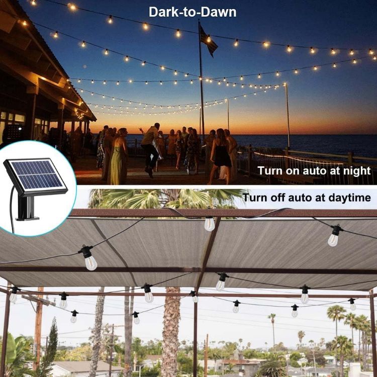 Picture of Outdoor Solar String Lights, 24FT Solar Patio Lights, 8+1pcs S14 LED Bulbs, USB Rechargeable, IP65 Waterproof & Shatterproof Solar Festoon Lights for Yard, Porch, Garden,Party, Camping [Energy Class A]