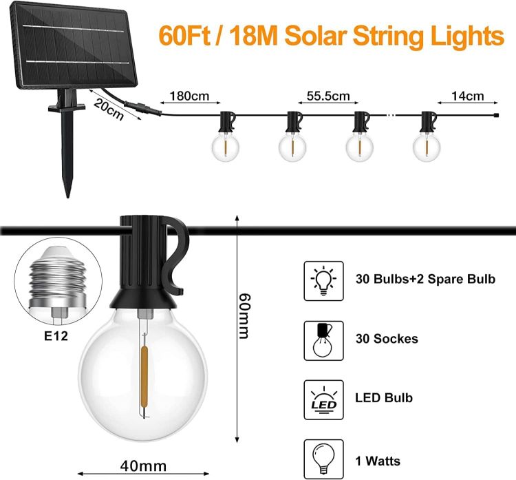 Picture of  60FT Solar Festoon Light Outdoor, LED Garden String Light with Shatterproof Bulbs, Waterproof Globe G40 Solar Powered String Lights for Backyard Porch Patio [Energy Class E]