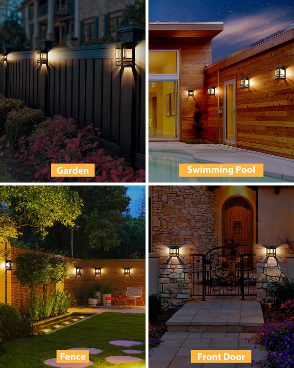 Picture of Outdoor Garden Solar Fence Lights, Waterproof Retro LED Wall Lights, Auto On/Off Solar Lights Outdoor Garden Fence Lighting for Patio Decking Gate Yard Decoration, Warm White 4 Pack
