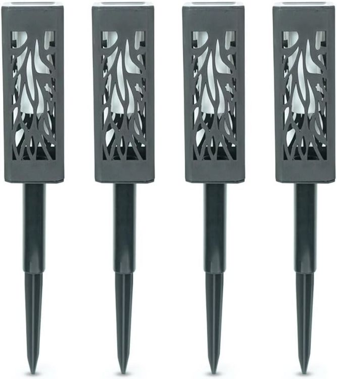 Picture of Solar Powered Black Lantern Spike Lights with Flame Effect, Solar Stake Light for Outdoor Garden Path Pack Of 4