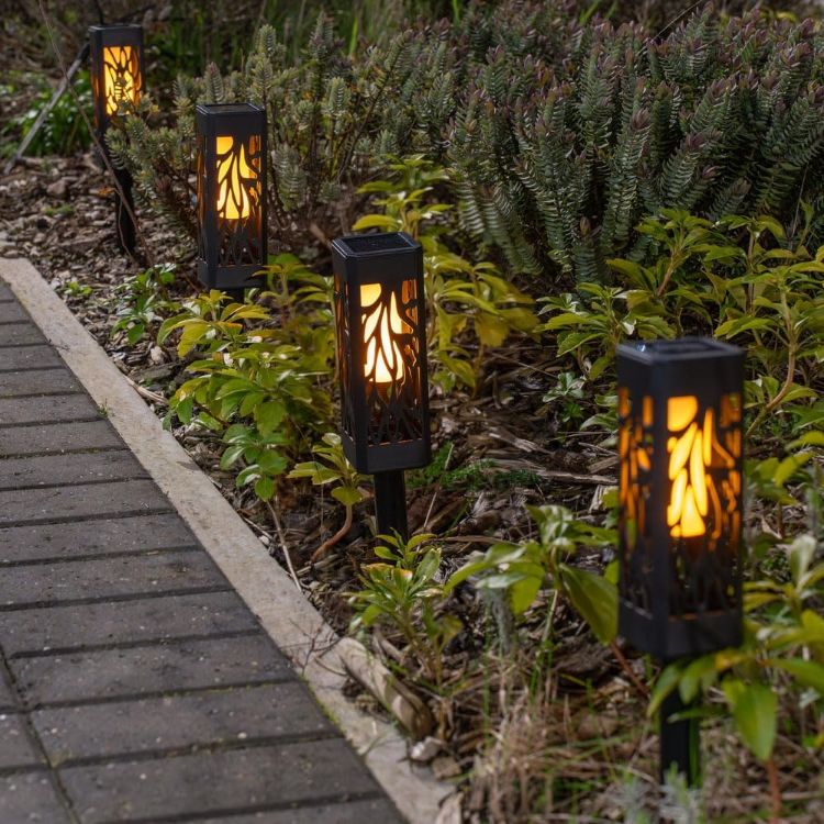 Picture of Solar Powered Black Lantern Spike Lights with Flame Effect, Solar Stake Light for Outdoor Garden Path Pack Of 4