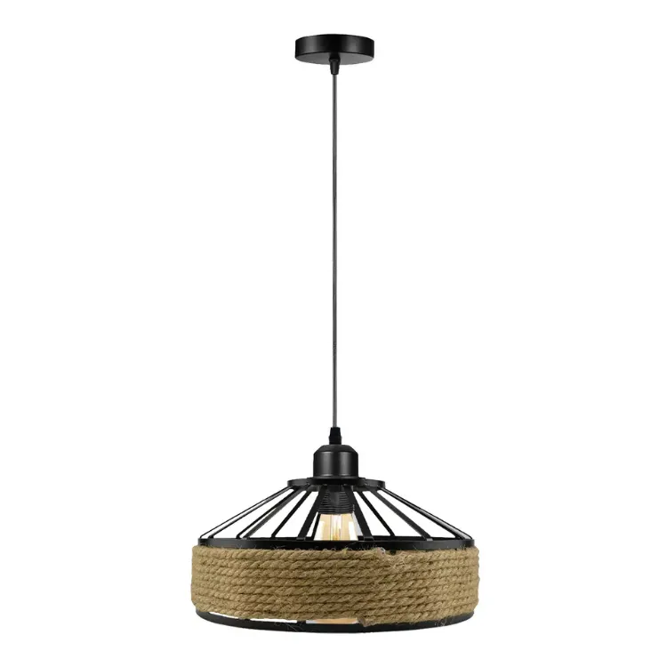 Picture of Industrial Hemp Rope Pendant Ceiling Light Iron Bowl Lampshade Chandelier Lamp Fixture 