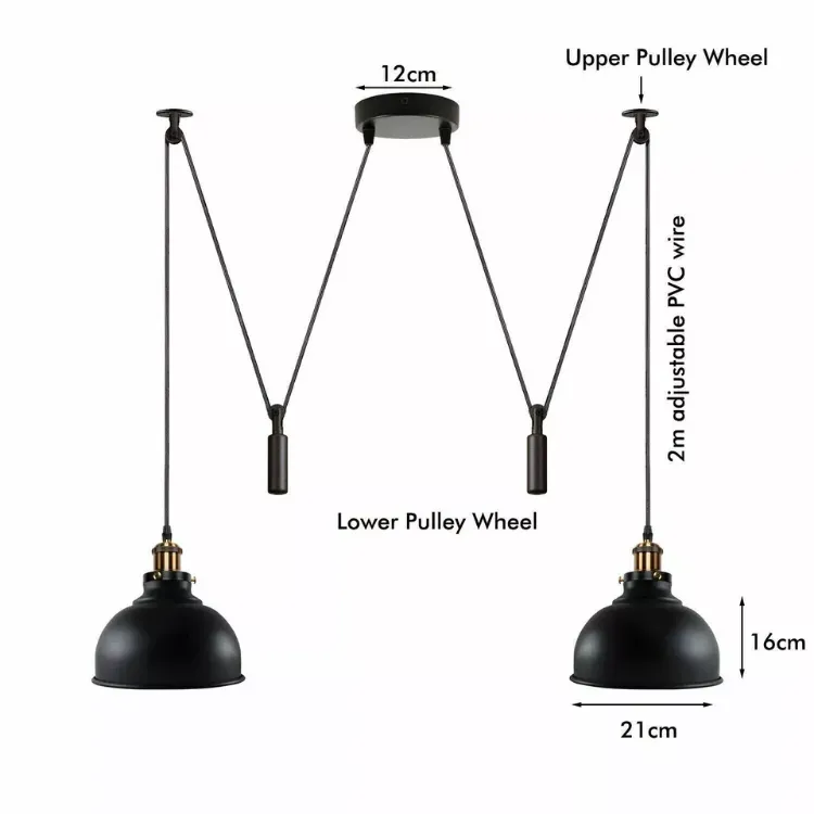 Picture of 2 Head Ceiling Pendant Spider Light 29cm Metal Light Shade Adjustable 195cm Cord Vintage Edison 60w E27 Bulb Base