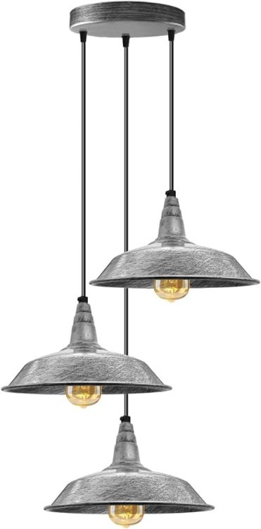 Picture of Vintage Industrial 3 Head Cluster Ceiling Pendant Light Adjustable Cord Hanging Light Fixtures E27 Base Metal Brushed Silver Light Fitting