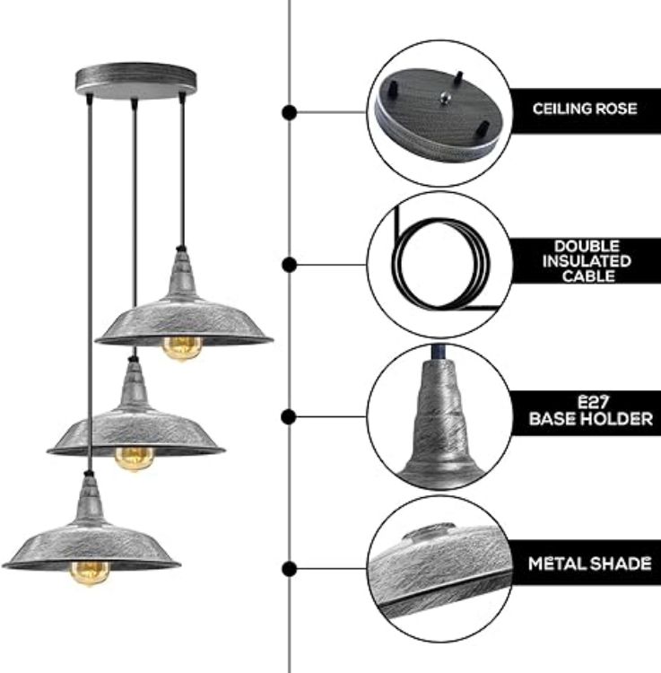 Picture of Vintage Industrial 3 Head Cluster Ceiling Pendant Light Adjustable Cord Hanging Light Fixtures E27 Base Metal Brushed Silver Light Fitting