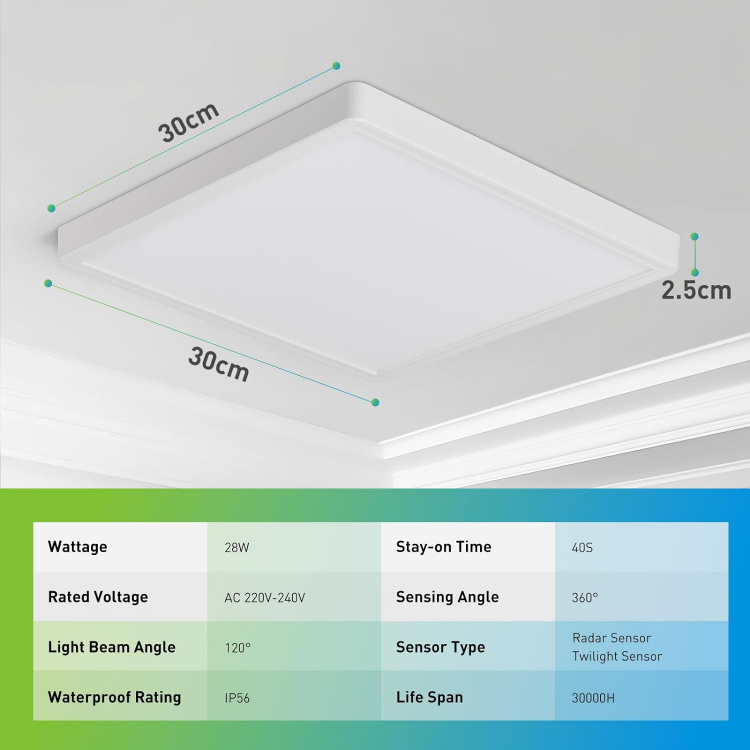 Picture of 28W 2800LM LED Ceiling Light with Radar Sensor, 30CM 3000K-6000K Ultra Slim White Square Ceiling Light with Motion Detector
