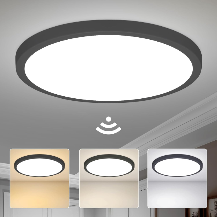 Picture of 28W LED Ceiling Light with Radar and Twilight Sensor, 30CM 3000K/4000K/6000K Black Round Ceiling Light with Motion Detector