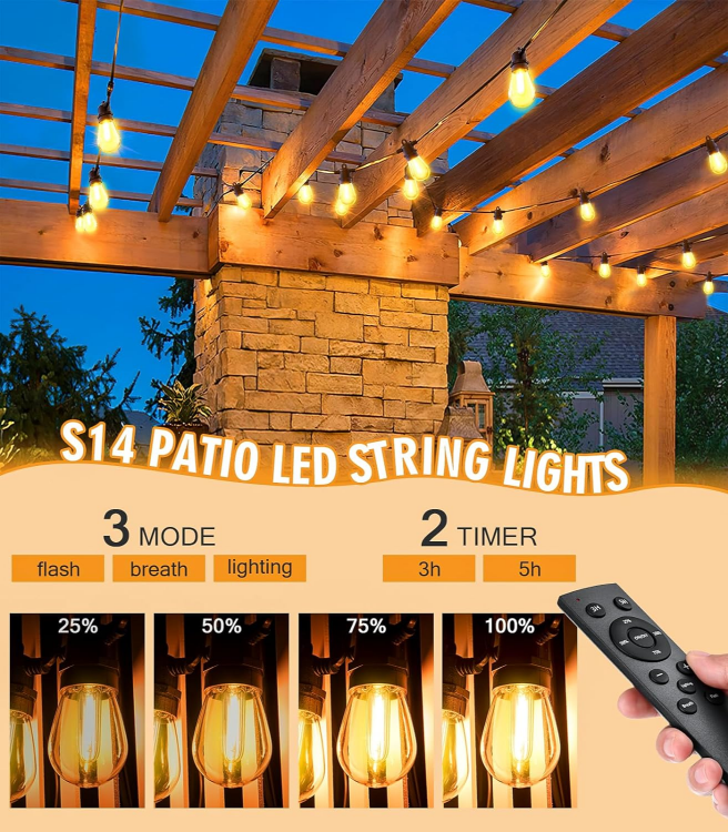 Picture of Outdoor Festoon Lights Mains Powered - 100ft/30m Outside String Lights 30+2 S14 LED Dimmable Bulbs with Remote, IP65 Waterproof for Patio Gazebo Pergola Garden Backyard