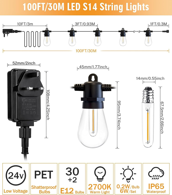 Picture of Outdoor Festoon Lights Mains Powered - 100ft/30m Outside String Lights 30+2 S14 LED Dimmable Bulbs with Remote, IP65 Waterproof for Patio Gazebo Pergola Garden Backyard