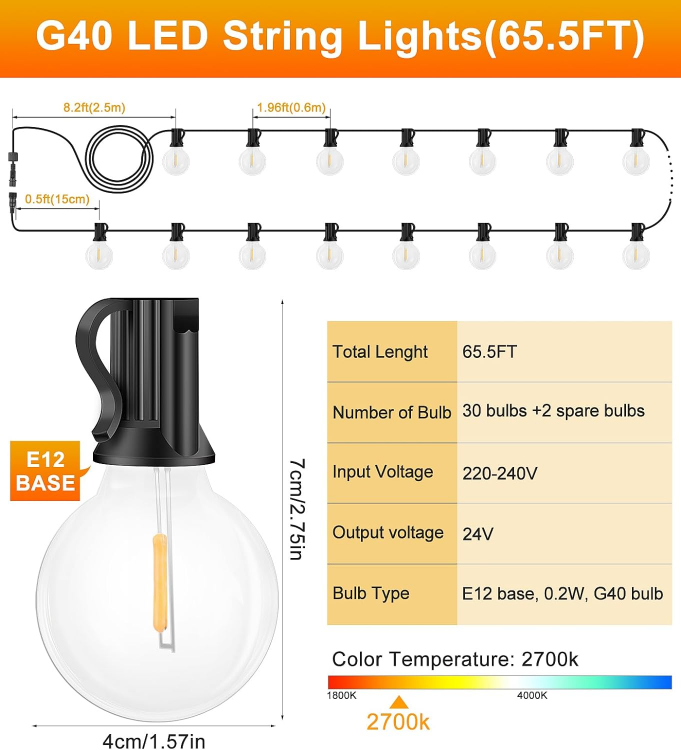 Picture of Outdoor String Lights 65.5ft Garden Festoon Light Mains Powered with 30+2 Shatterproof G40 LED Bulbs, Waterproof Hanging Patio Lighting