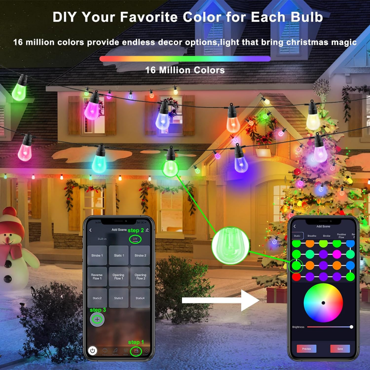 Picture of Garden String Lights,49FT/15m Festoon Lights Outdoor String Lights Waterproof with App & Remote,DIY Color Changing String Light & 20 Bulbs S14 Shatterproof Dimmable for Balcony,Party,Backyard