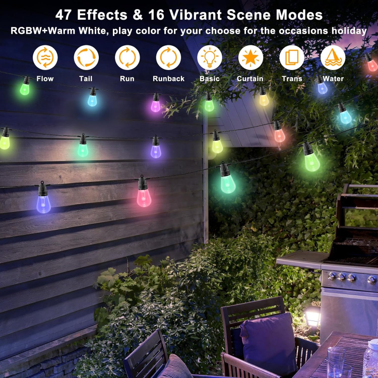 Picture of Garden String Lights,49FT/15m Festoon Lights Outdoor String Lights Waterproof with App & Remote,DIY Color Changing String Light & 20 Bulbs S14 Shatterproof Dimmable for Balcony,Party,Backyard