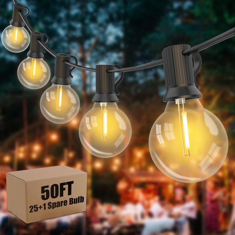 Picture of  LED Outdoor String Lights 50Ft, Mains Powered Festoon Lights with 25+1 Shatterproof Plastic Bulbs, Weatherproof Globe Garden String Lights 