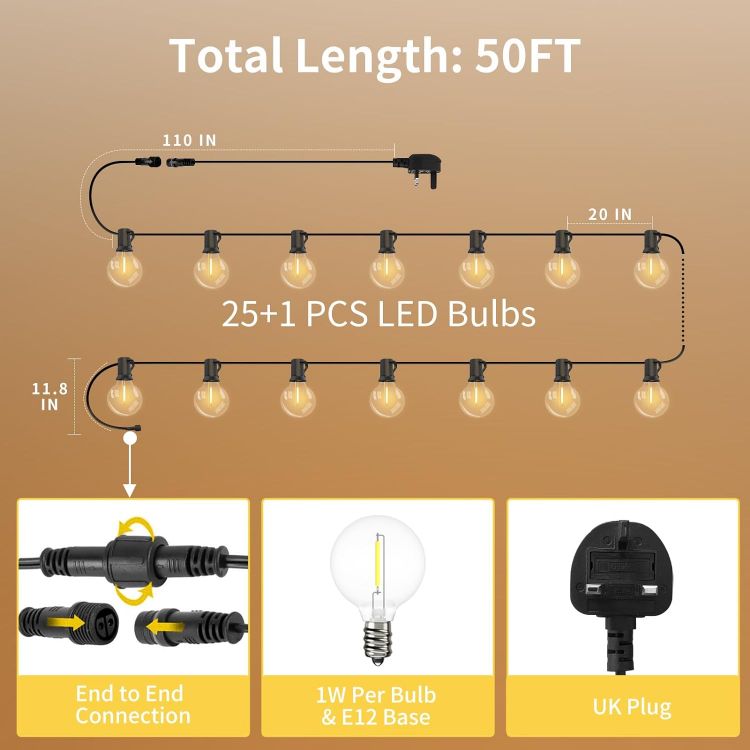 Picture of  LED Outdoor String Lights 50Ft, Mains Powered Festoon Lights with 25+1 Shatterproof Plastic Bulbs, Weatherproof Globe Garden String Lights 