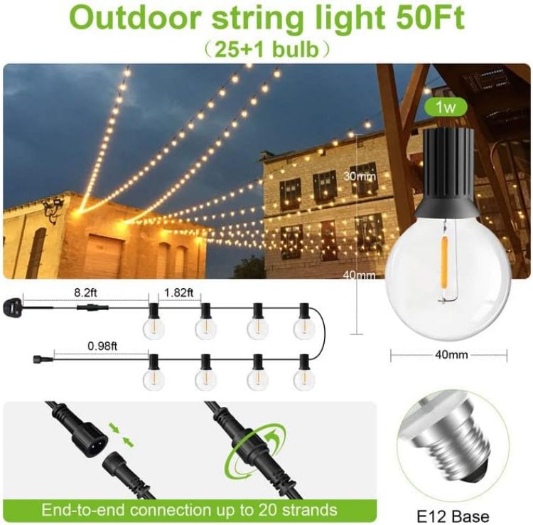 Picture of Outdoor String Light, 15M/50Ft 25+1 LED Outdoor Lights Mains Powered, G40 Plastic Shatterproof Bulbs Garden String Light 