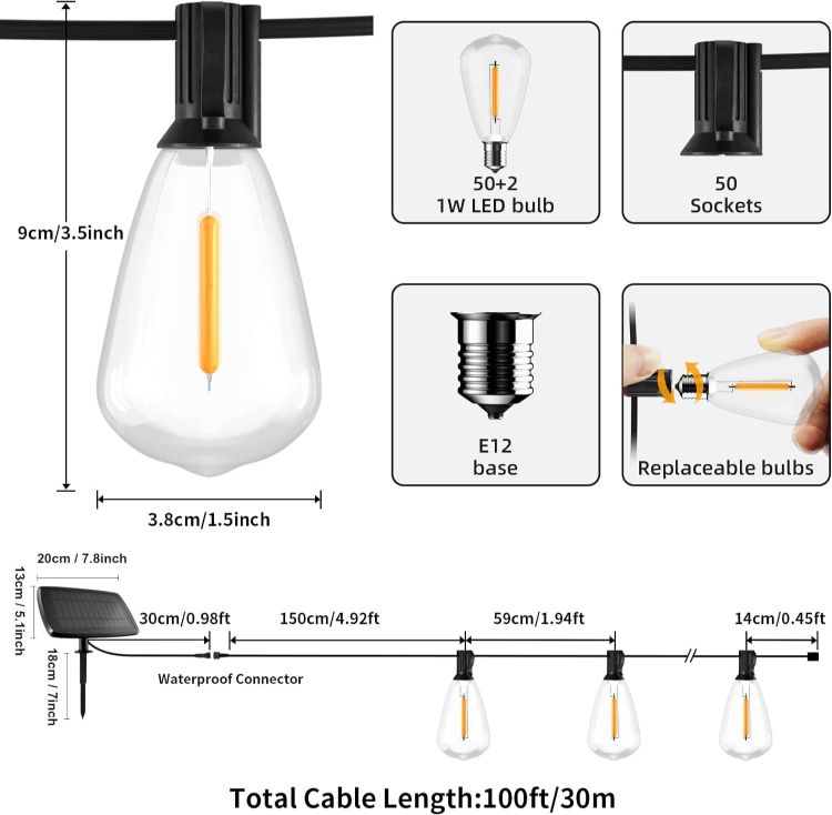 Picture of Solar Festoon Lights Solar Powered, ST38 100FT/30m String Lights Waterproof LED Lighting with 4 Modes,50+2 Plastic Bulb Energy Saving 