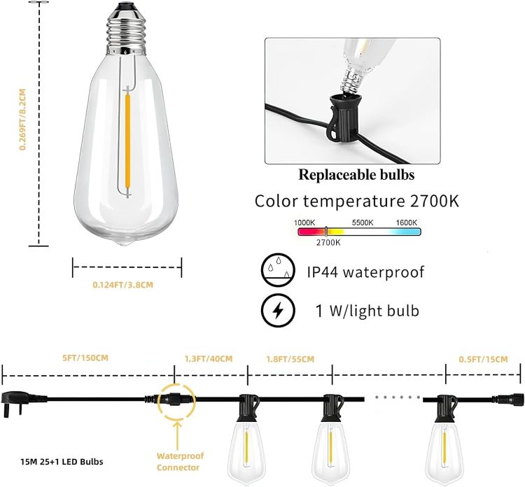 Picture of  Festoon Lights 15M Mains Powered LED Garden Festoon Lights with 25+1 Waterproof ST38 Vintage Bulbs for Outdoor Patio Pergola Party Terrace Decor 