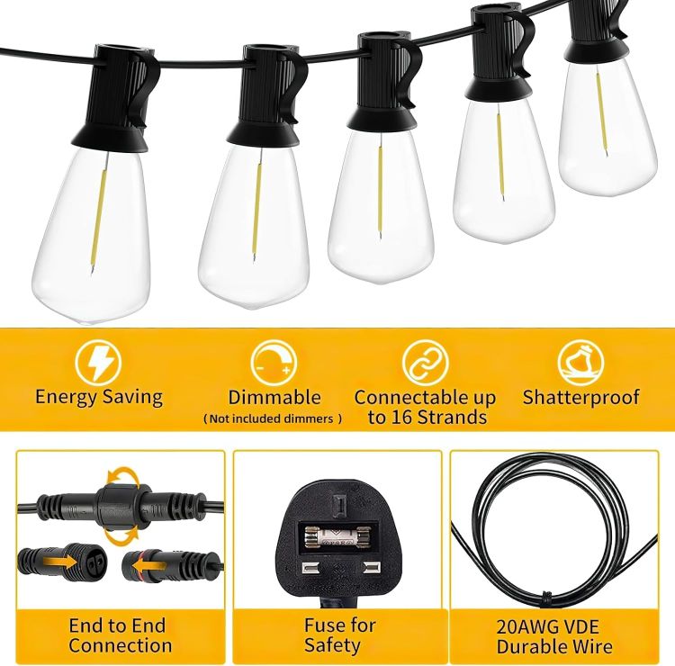 Picture of  Festoon Lights 15M Mains Powered LED Garden Festoon Lights with 25+1 Waterproof ST38 Vintage Bulbs for Outdoor Patio Pergola Party Terrace Decor 