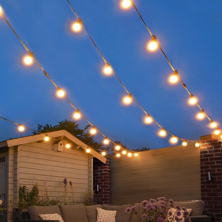 Picture of ConnectPro Outdoor Mains Powered Connectable Festoon Lights - IP65 Black Rubber Cable, Warm White Shatterproof Frosted Bulbs SMD LED Garden Wedding Party Lighting - 5m - No Plug